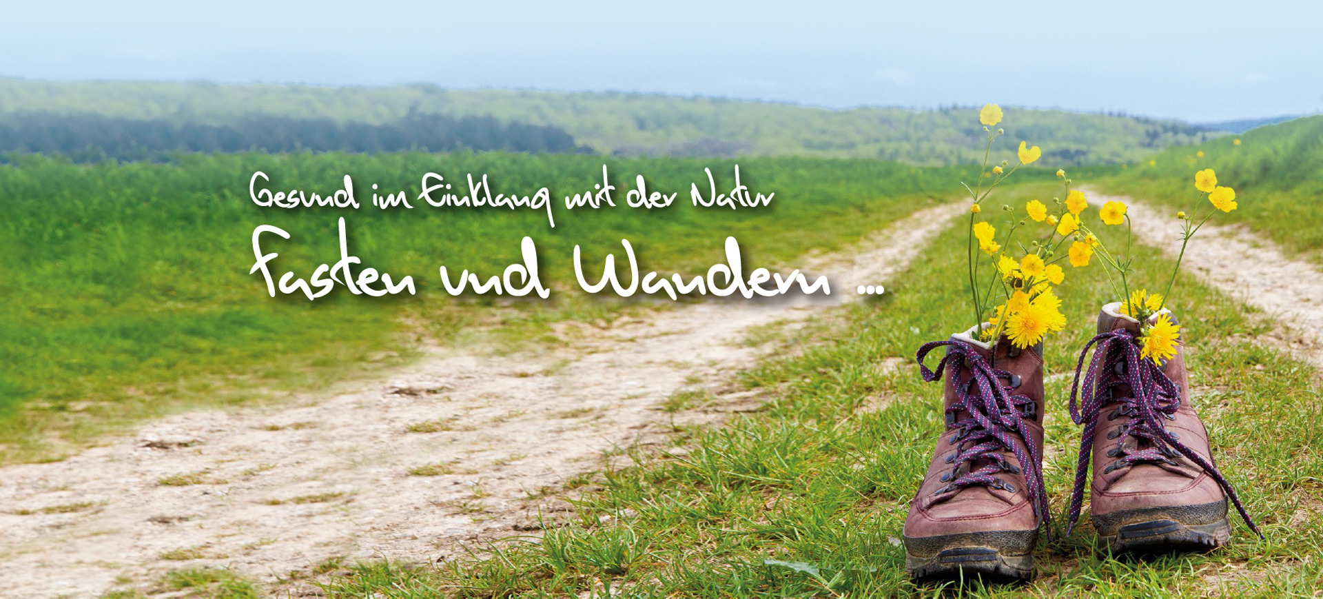 Wanderschuhe mit Blumen auf einem Feldweg – Gesund im Einklang mit der Natur: Fasten und Wandern